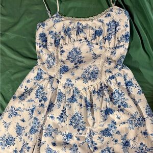 Aeropostale Blue and White Smocked Floral Blouse